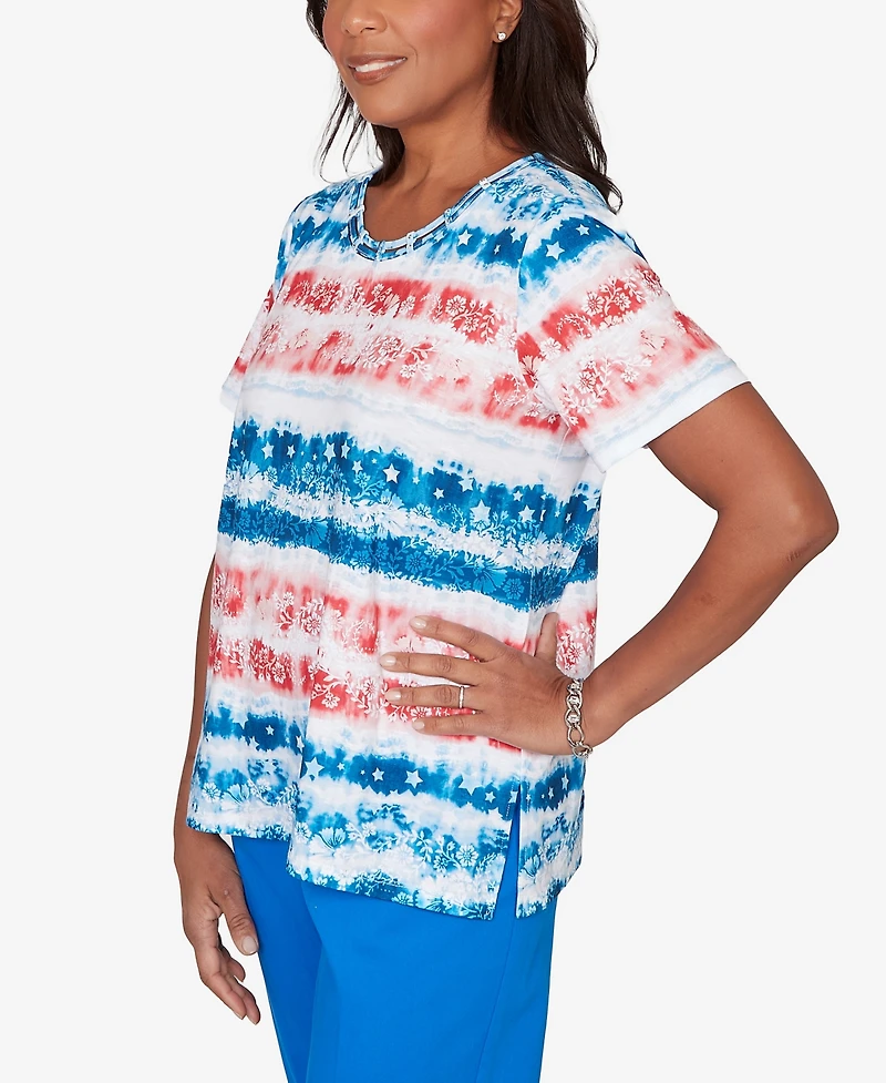 Alfred Dunner Petite Lady Liberty Americana Tie-Dye Stripes Short-Sleeve T-Shirt