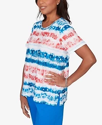 Alfred Dunner Petite Lady Liberty Americana Tie-Dye Stripes Short-Sleeve T-Shirt