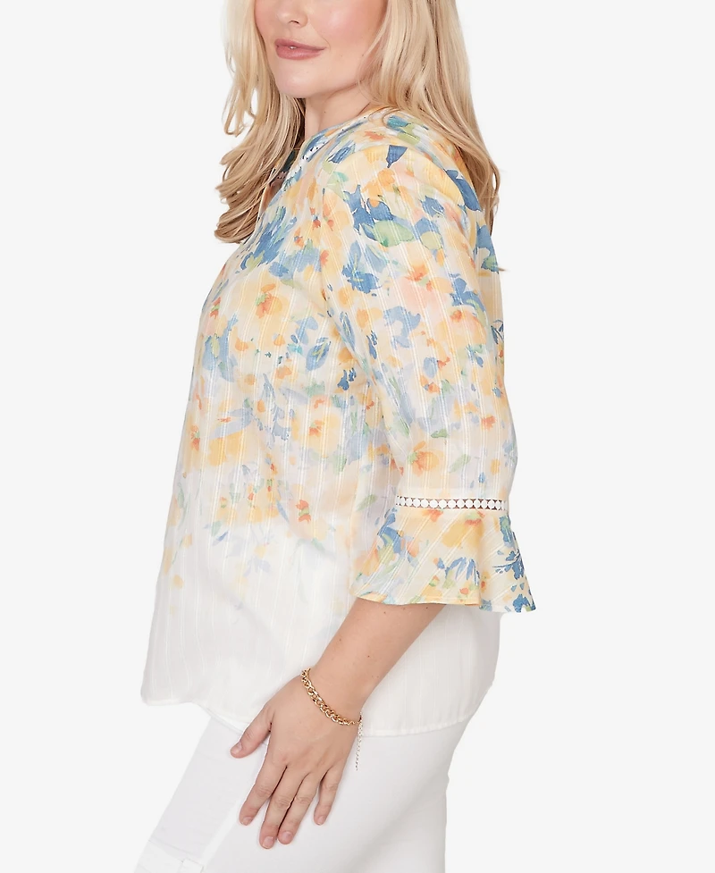 Alfred Dunner Petite Out of the Blue Falling Floral Three-Quarter-Sleeve Top