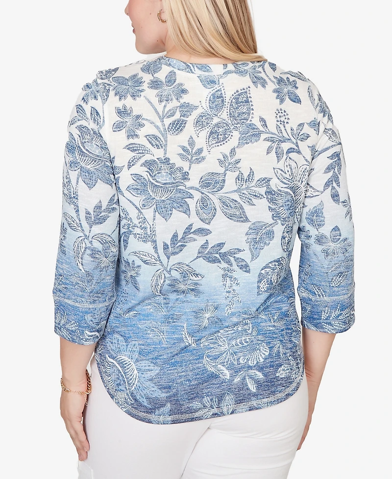 Alfred Dunner Petite Out of the Blue Ombre Batik Floral Henley Top