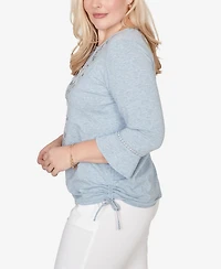 Alfred Dunner Petite Out of the Blue Center Scroll Embroidered Side-Tie Split Neck Top