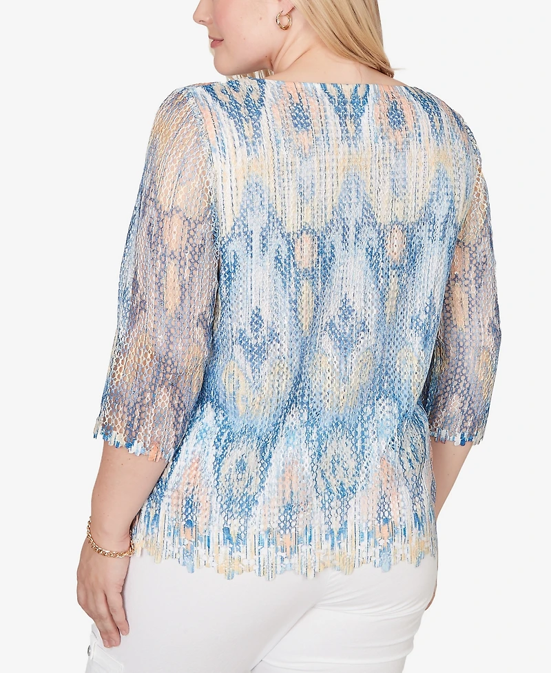 Alfred Dunner Petite Out of the Blue Dramatic Ikat Scallop Trim Crewneck Top