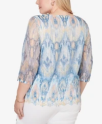 Alfred Dunner Petite Out of the Blue Dramatic Ikat Scallop Trim Crewneck Top