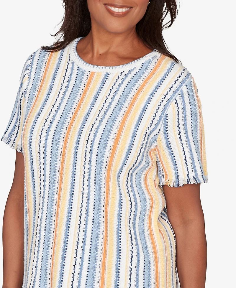 Alfred Dunner Petite Out of the Blue Textured Fringe Stripe Short-Sleeve T-Shirt