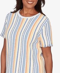 Alfred Dunner Petite Out of the Blue Textured Fringe Stripe Short-Sleeve T-Shirt