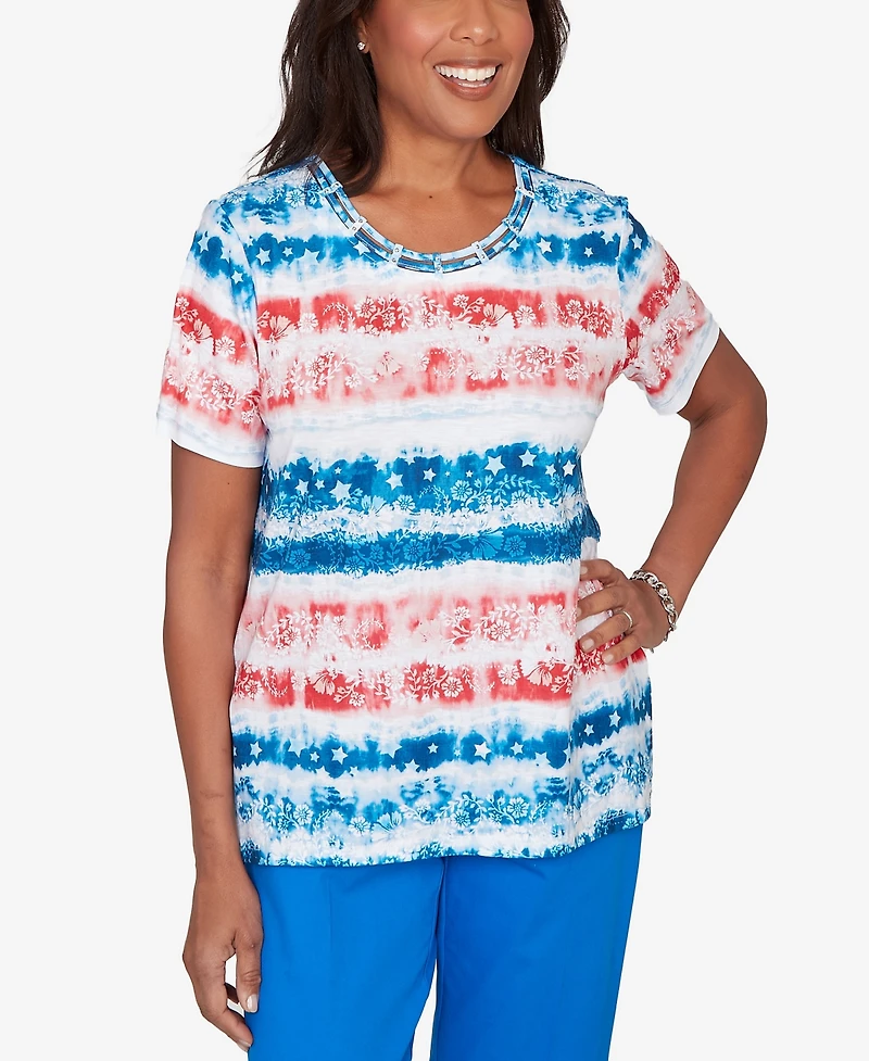 Alfred Dunner Petite Lady Liberty Americana Tie-Dye Stripes Short-Sleeve T-Shirt