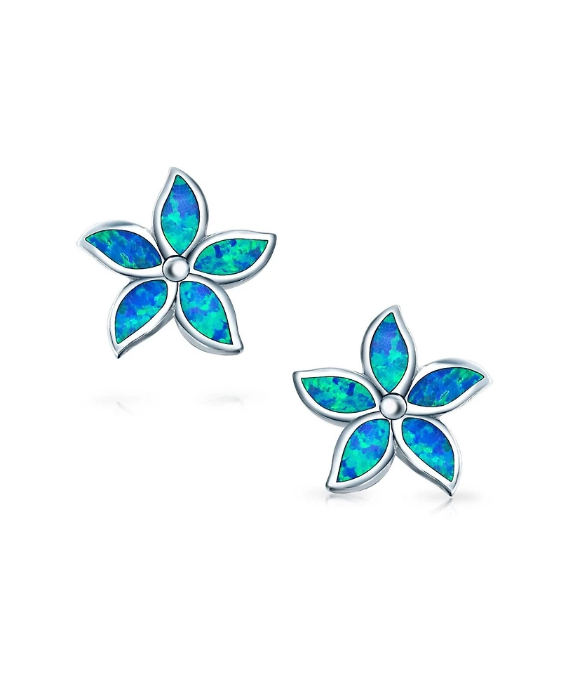 Bling Jewelry Created Blue Opal Inlay Petals Flower Stud Earrings .925 Sterling Silver