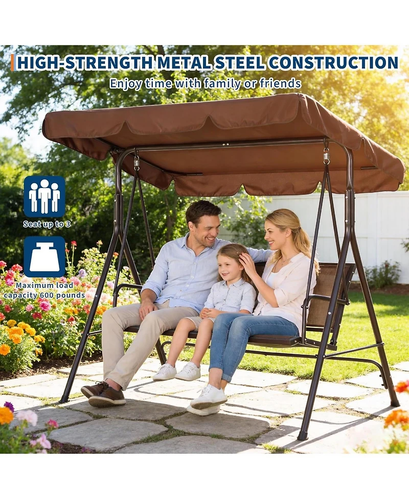 gaomon Patio Swing with Adjustable Canopy for Adults 3-Seat Outdoor Waterproof Textilene and Steel Frame Porch Swing Bench for Backyard Lawn Garden
