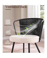 Sailvan Rattan Dining Chairs Farmhouse Upholstered Cane Back Kitchen Chair with Boucle Cushion, Metal Legs and Wingback
