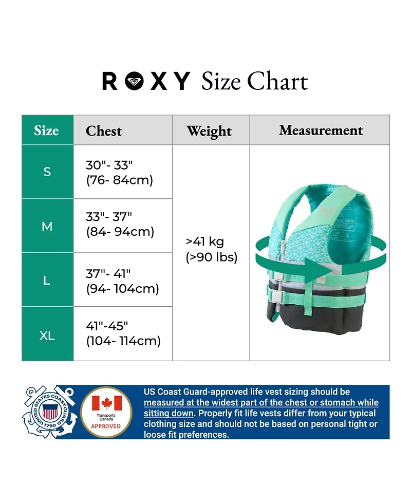 Roxy Uscg Approved Women's Life Vest, Light-weight Epe Foam with Two Quick Release Buckles, for Boating, Fishing and Kayaking
