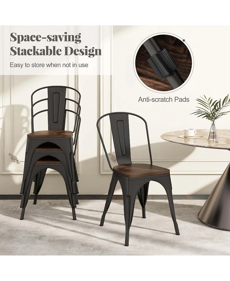 Gymax Tolix Style Metal Dining Chairs Set of 4 with Wood Seat and Removable Backrest
