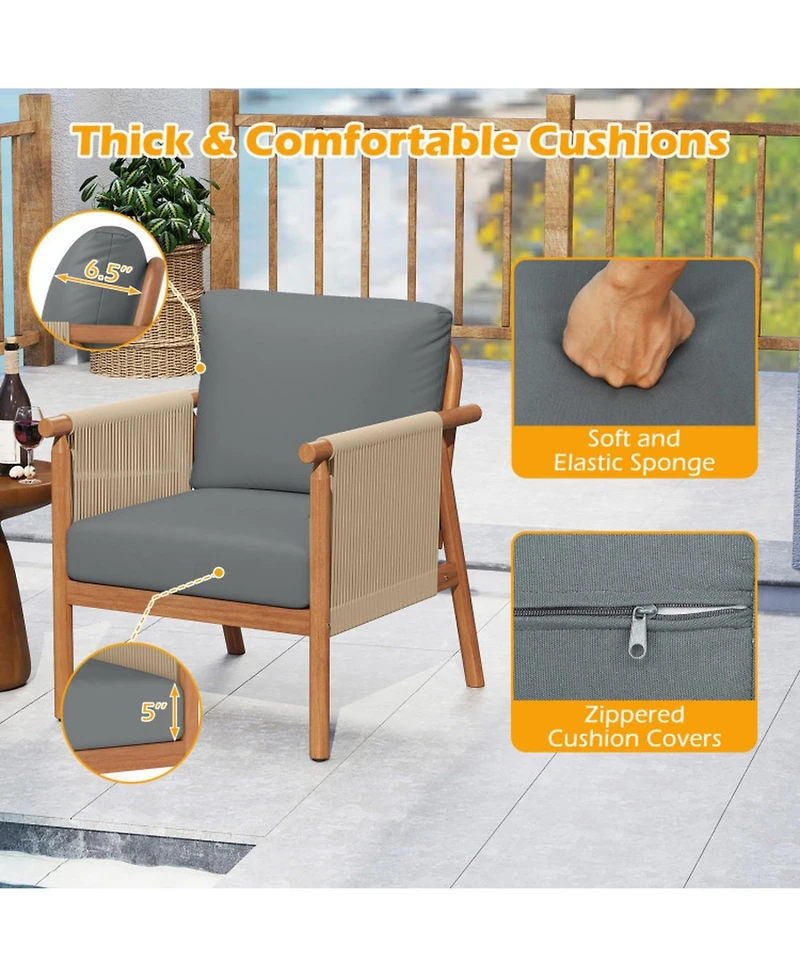 Gouun Acacia Wood Outdoor Chair with Woven Rope Armrests and Seat Cushions