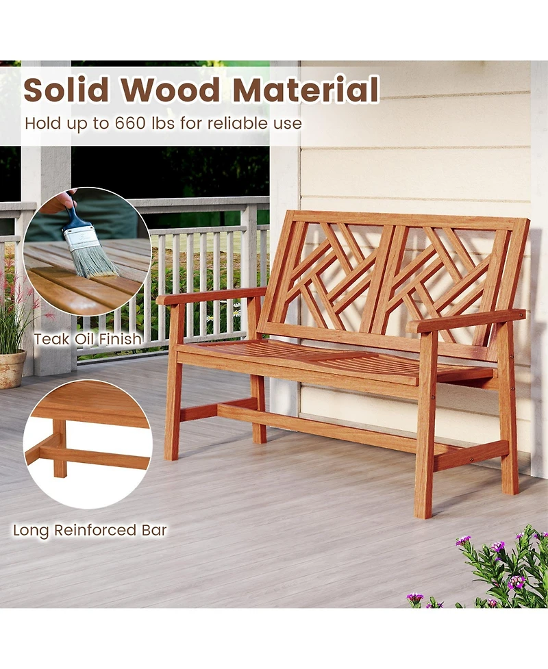 Sugift Outdoor Wood Patio Loveseat Chair with Geometric Backrest