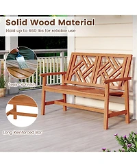Sugift Outdoor Wood Patio Loveseat Chair with Geometric Backrest