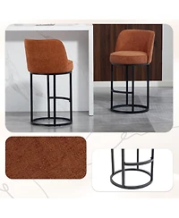 Rainsken Modern Barrel Bar Stools Set of 2 - Linen Fabric Upholstered Counter Height Chairs with Back and Footrest for Kitchen Island