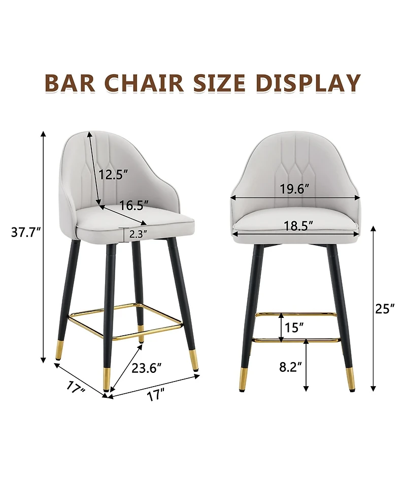 Rainsken Pu Leather Bar Stools Set of 2, Modern Counter Height Chairs with Ergonomic Backrest and Metal Footrest for Home Pub