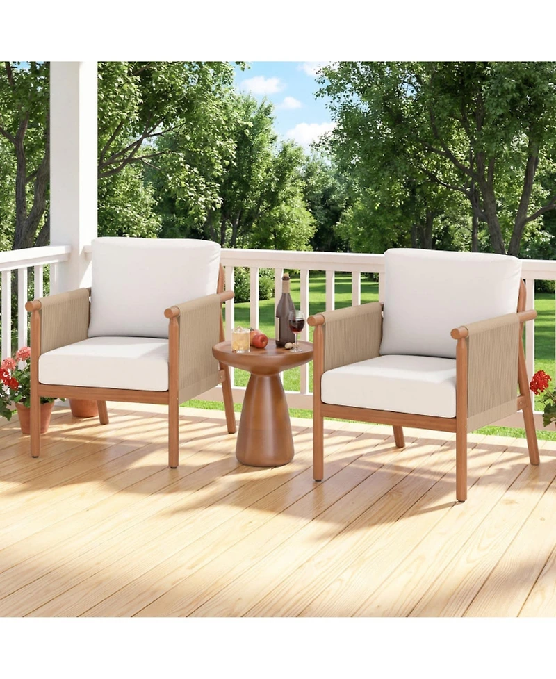 Gouun Acacia Wood Patio Chair with Woven Rope Armrests and Cushions