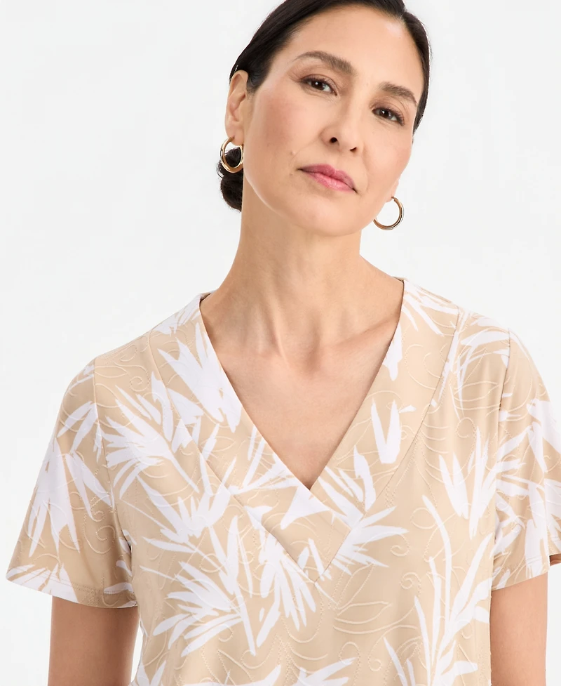 Jm Collection Women's Printed Short Sleeve V-Neck Jacquard Top, Macy's Exclusive