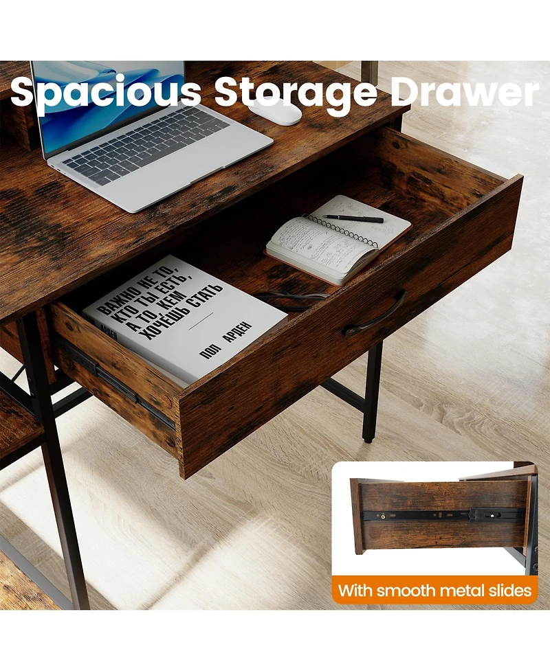 Skonyon 48 Inch Computer Desk with Monitor Stand Drawer and Shelves-Rustic Brown