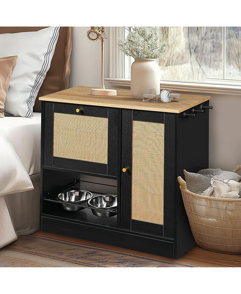 Aostirmotor Pet Feeding Station with 2 Lockers and Elevated Dog Bowls, Side Hooks, Anti-Tipping, Hidden Storage