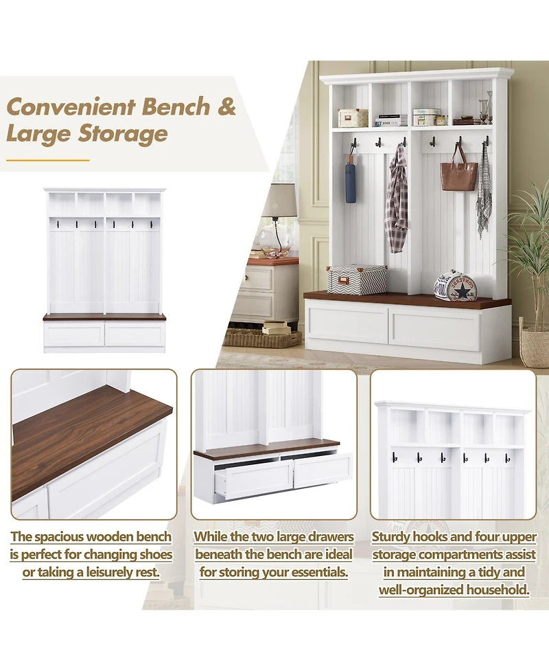Rainsken Farmhouse Hall Tree, Multi-Purpose Coat Rack with Wood Grain Bench, 6 Hanging Hooks and 2 Storage Drawers for Hallway and Entryway