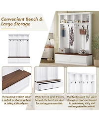 Rainsken Farmhouse Hall Tree, Multi-Purpose Coat Rack with Wood Grain Bench, 6 Hanging Hooks and 2 Storage Drawers for Hallway and Entryway