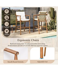 Rainsken Outdoor Bar Stools Set of 2, Modern Acacia Wooden Counter Height Chairs with Webbing Seat for Patio, Pool and Garden, Cushions Included