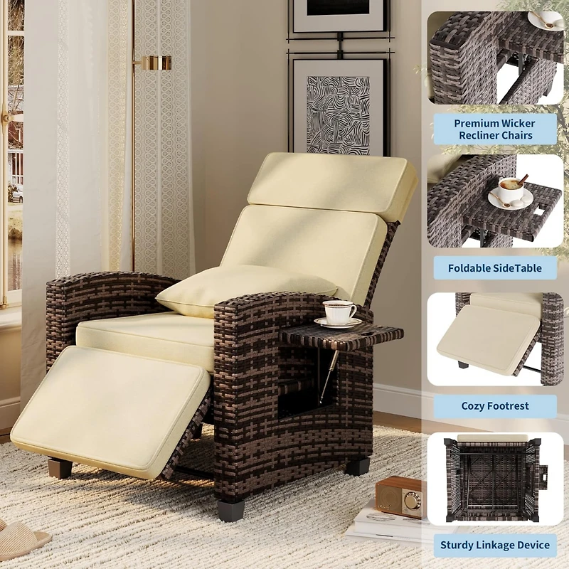 gaomon Outdoor Patio Recliner Chair with Side Table, Wicker and Cushion