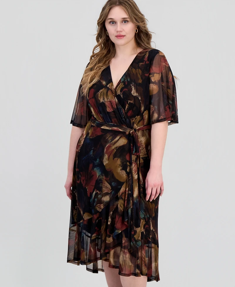 Connected Plus Printed Flutter-Sleeve Faux-Wrap Midi Dress