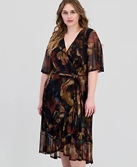 Connected Plus Printed Flutter-Sleeve Faux-Wrap Midi Dress
