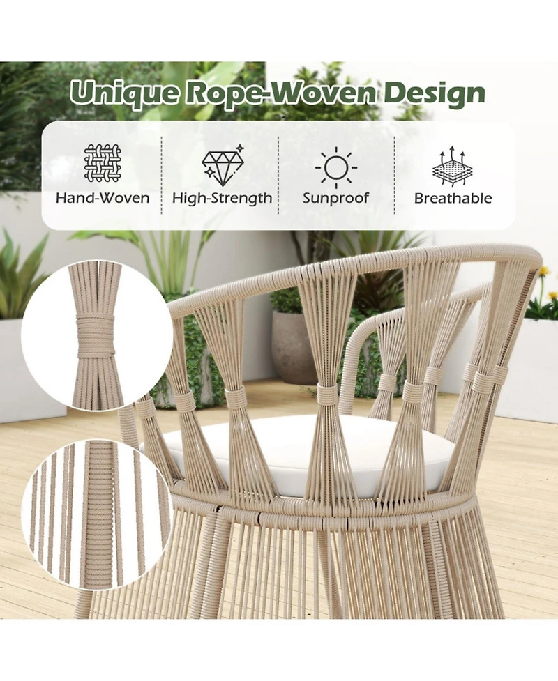 Gouun 3-Piece Rope-Woven Patio Leisure Chair Set with Cushions and Glass Side Table