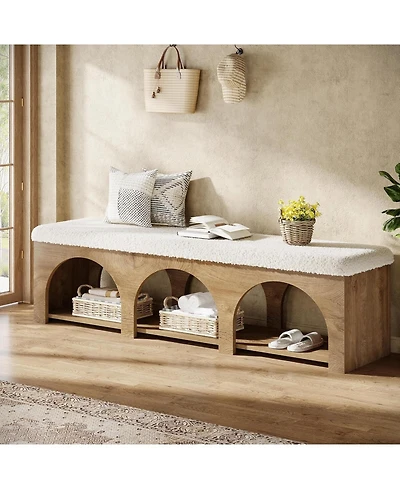Tribesigns 63" Upholstered Entryway Bench, 2-Tier Entry Shoe Bench with Cushion and Storage Shelf, Farmhouse Padded Ottoman