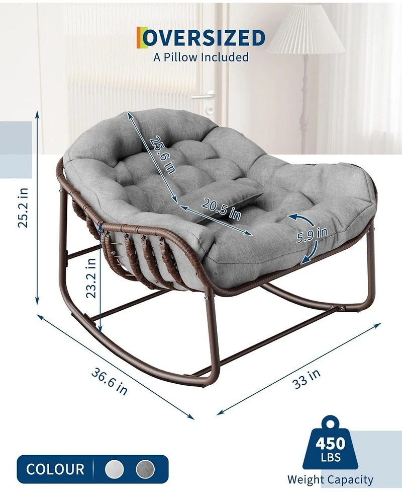gaomon Outdoor Papasan Rocking Chair, Oversized Wicker Lounge Chair with Cushion and Metal Frame, Patio Rattan Egg Rocker for Balcony Backyard Porch