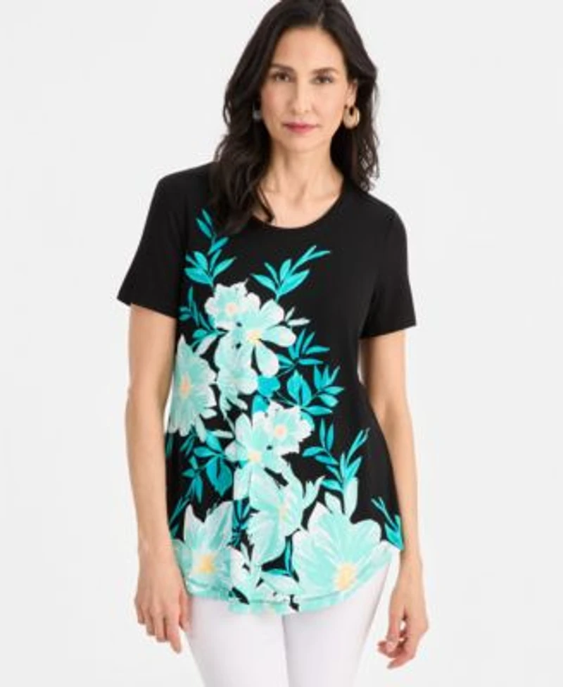Jm Collection Womens Printed Scoop Neck Short Sleeve Top Macys Exclusive