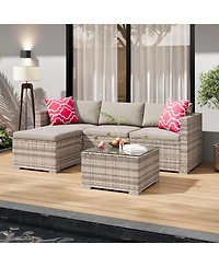 gaomon 5-Piece Outdoor Sectional Sofa Set, All-Weather Pe Rattan Patio Furniture with Ottoman and Tempered Glass Table