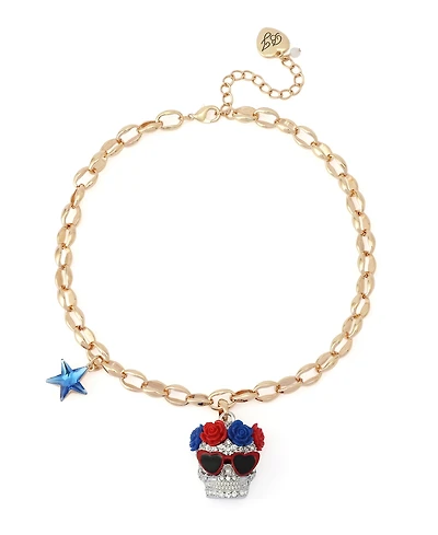 Betsey Johnson Faux Stone Americana Skull Pendant Necklace