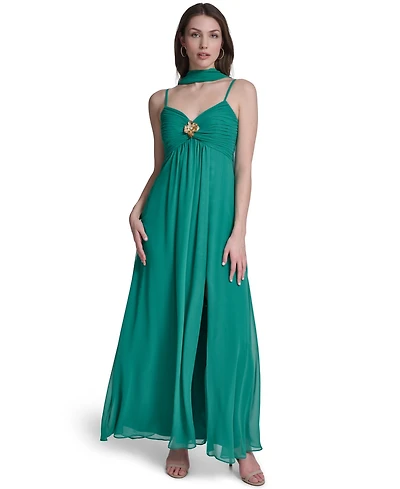 Eliza J Women's Spaghetti Strap With Skirt Slit And Neck Sash Gown