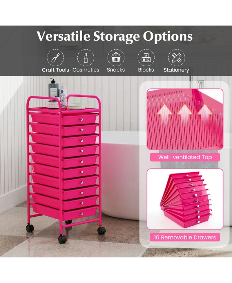 Gouun 10-Drawer Narrow Rolling Organizer Cart with Universal Casters