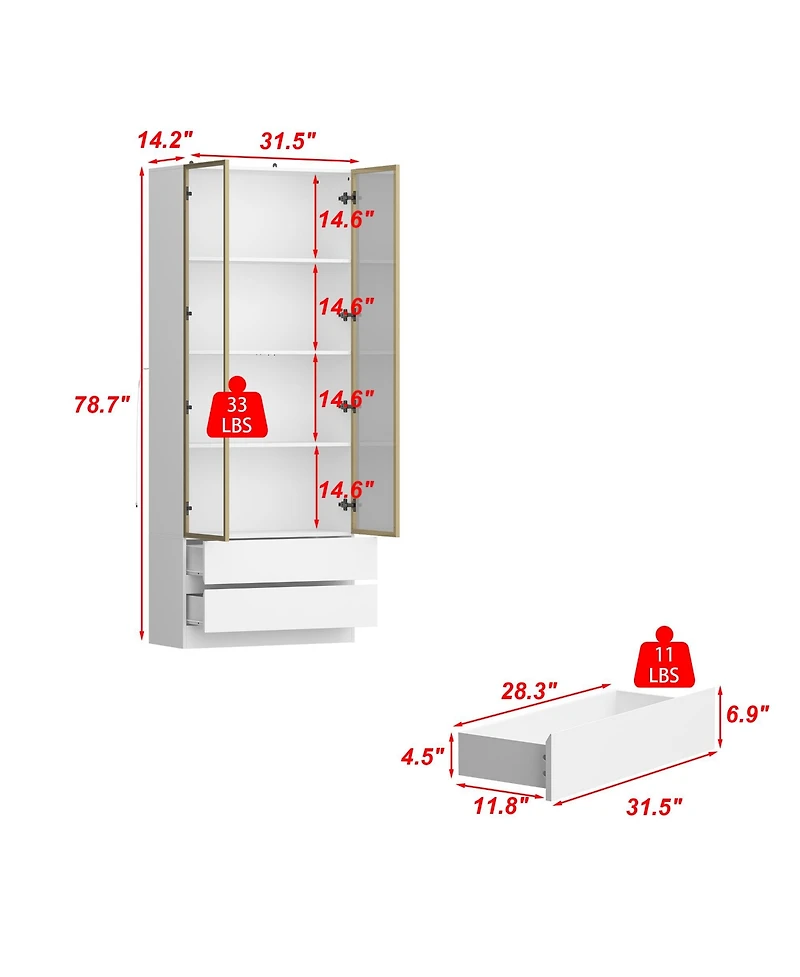 Homsee Display Cabinet with 2 Glass Doors and Lights, 4-Tier Storage Shelves and 2 Drawers