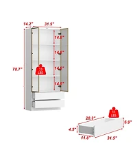 Homsee Display Cabinet with 2 Glass Doors and Lights, 4-Tier Storage Shelves and 2 Drawers