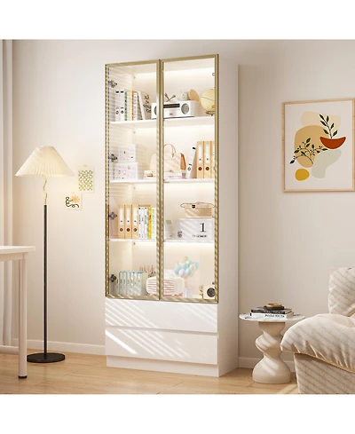 Homsee Display Cabinet with 2 Glass Doors and Lights, 4-Tier Storage Shelves and 2 Drawers