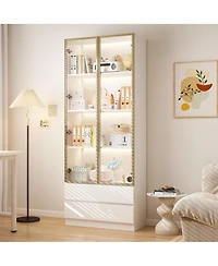 Homsee Display Cabinet with 2 Glass Doors and Lights, 4-Tier Storage Shelves and 2 Drawers