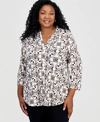 Jm Collection Plus Pleated-Neck 3/4-Sleeve Top, Macy's Exclusive