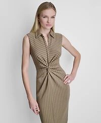 Dkny Women's Sleeveless Collared V-Neck Knot Front Dress