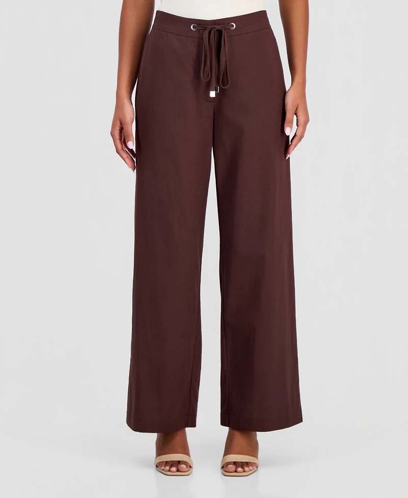 T Tahari Women's Cotton & Linen Drawstring Pull-On Pants