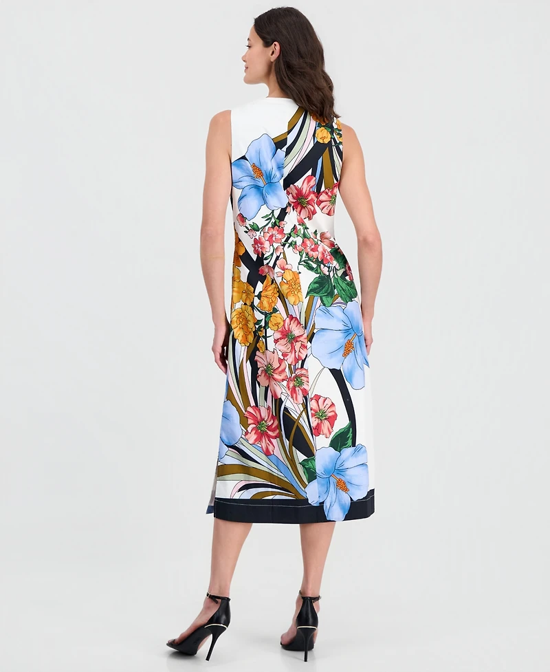 T Tahari Women's Printed Split-Neck Sleeveless Dress