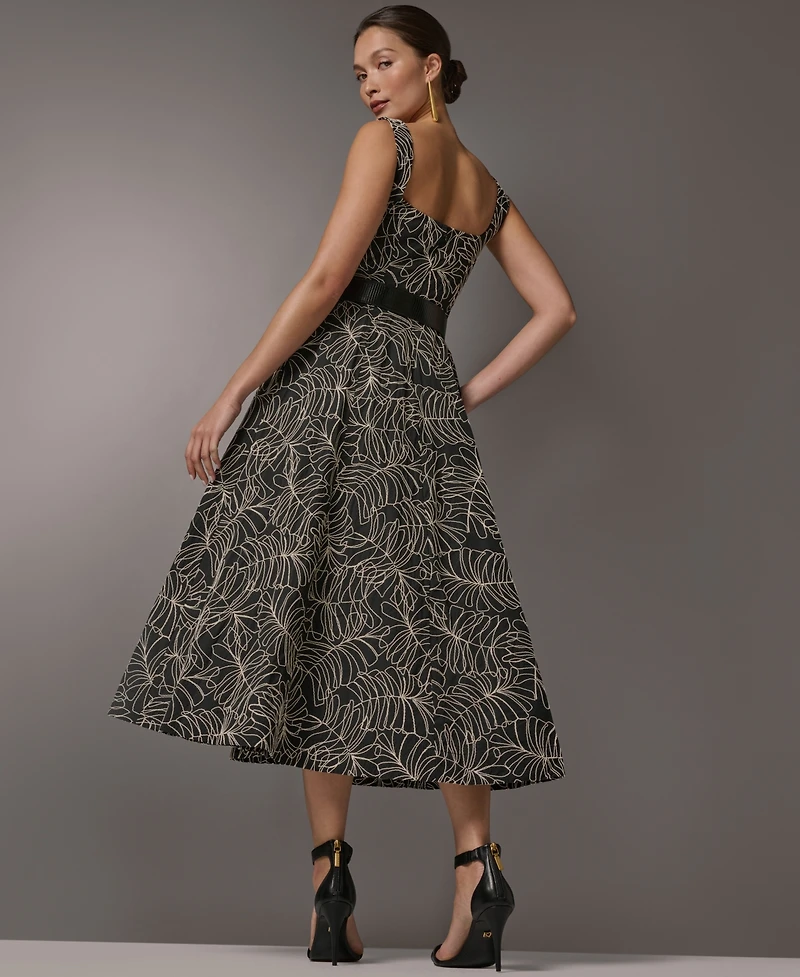 Donna Karan New York Women's Square Neck A-Line Midi Dress with Polyurethane Belt