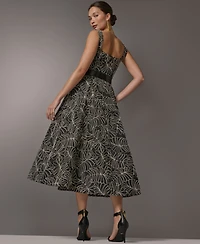 Donna Karan New York Women's Square Neck A-Line Midi Dress with Polyurethane Belt