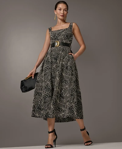 Donna Karan New York Women's Square Neck A-Line Midi Dress with Polyurethane Belt