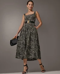 Donna Karan New York Women's Square Neck A-Line Midi Dress with Polyurethane Belt